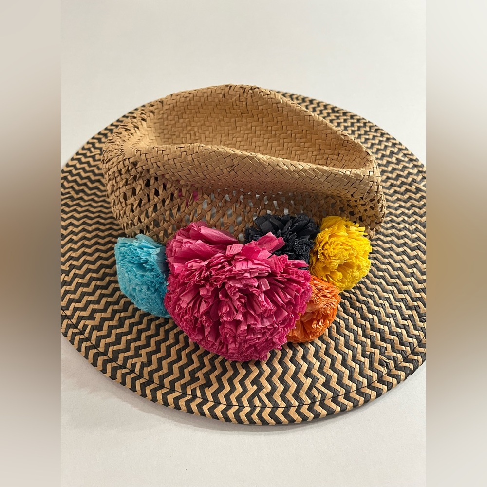 Betsey Johnson Straw Sun Hat with Colorful Pom Pom Flowers Tropical Vacation